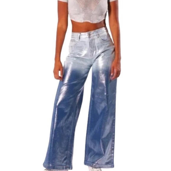 AKIRA Miz Cirrus Women's Wide Leg Jeans Metallic Ombre Silver Blue High Rise 9 - Picture 2 of 10